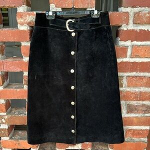 Vintage Soft Suede Dark Black Snaps Belted High Waisted Funky Chic Midi Skirt